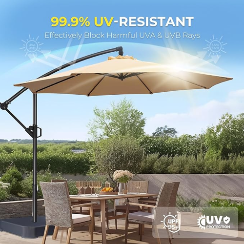 HOMSHADE 10ft Cantilever Offset Patio Umbrella with Base Included UPF50+ UV Protection with Easy Tilt and Crank for Pool Deck and Garden(Beige)