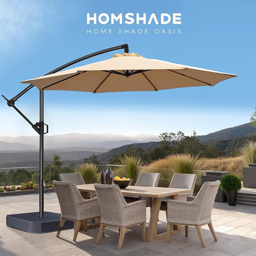 HOMSHADE 10ft Cantilever Offset Patio Umbrella with Base Included UPF50+ UV Protection with Easy Tilt and Crank for Pool Deck and Garden(Beige)