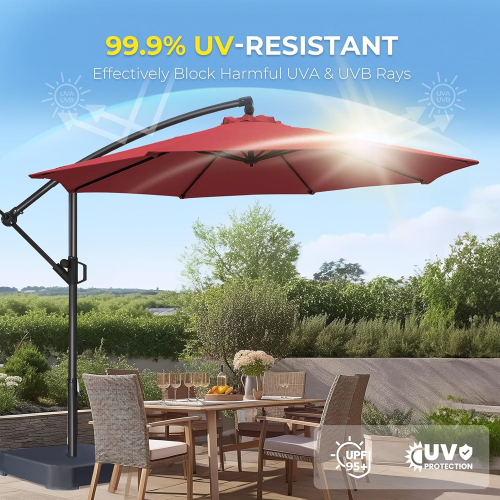 HOMSHADE 10ft Cantilever Offset Patio Umbrella with Base Included UPF50+ UV Protection with Easy Tilt and Crank for Pool Deck and Garden(Red)