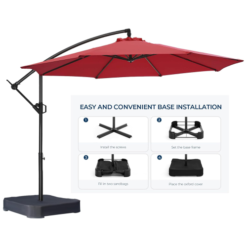 HOMSHADE 10ft Cantilever Offset Patio Umbrella with Base Included UPF50+ UV Protection with Easy Tilt and Crank for Pool Deck and Garden(Red)