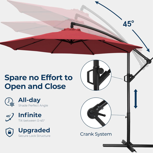 HOMSHADE 10ft Cantilever Offset Patio Umbrella with Base Included UPF50+ UV Protection with Easy Tilt and Crank for Pool Deck and Garden(Red)
