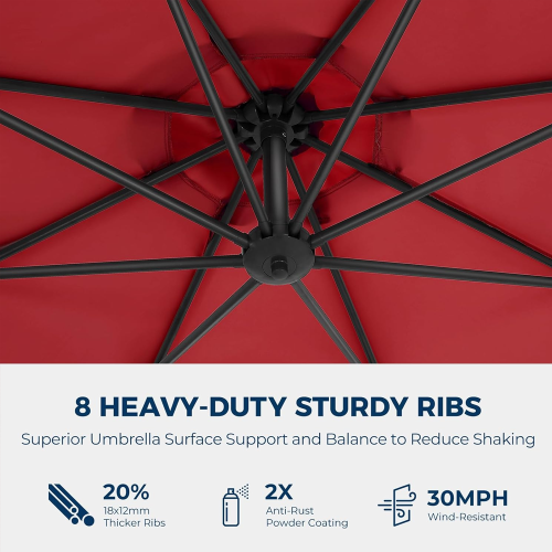 HOMSHADE 10ft Cantilever Offset Patio Umbrella with Base Included UPF50+ UV Protection with Easy Tilt and Crank for Pool Deck and Garden(Red)