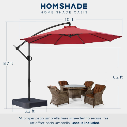 HOMSHADE 10ft Cantilever Offset Patio Umbrella with Base Included UPF50+ UV Protection with Easy Tilt and Crank for Pool Deck and Garden(Red)