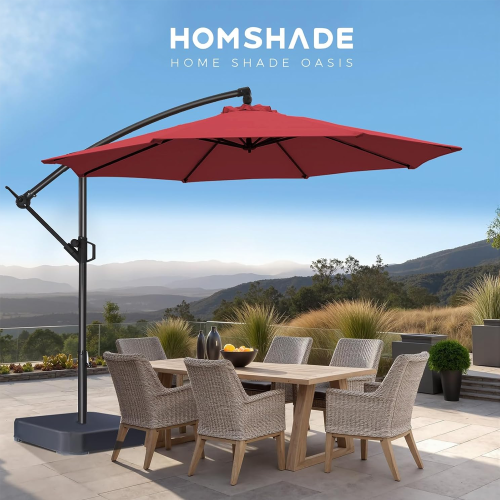 HOMSHADE 10ft Cantilever Offset Patio Umbrella with Base Included UPF50+ UV Protection with Easy Tilt and Crank for Pool Deck and Garden(Red)