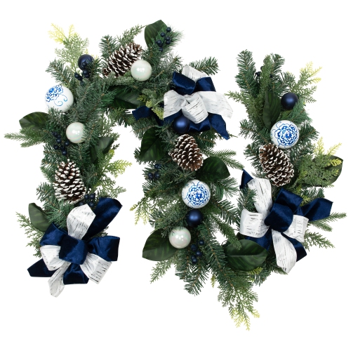 Frosted Pine with Blueberries, Bows and Ornaments Christmas Garland - 6' x 8" - Unlit