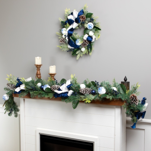 Frosted Pine with Blueberries, Bows and Ornaments Christmas Garland - 6' x 8" - Unlit