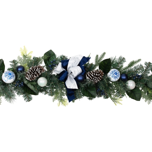 Frosted Pine with Blueberries, Bows and Ornaments Christmas Garland - 6' x 8" - Unlit