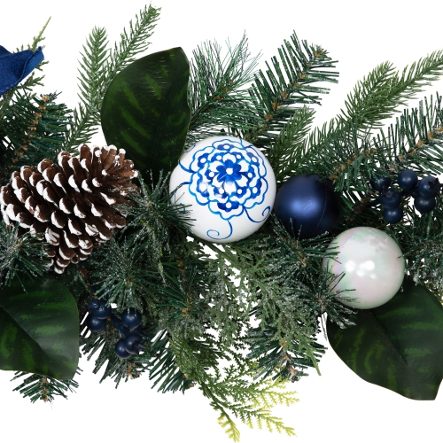 Frosted Pine with Blueberries, Bows and Ornaments Christmas Garland - 6' x 8" - Unlit