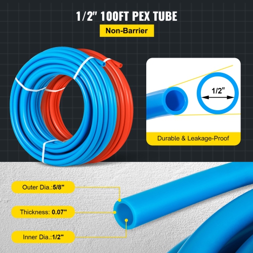VEVOR 100 Feet PEX Tubing Pipe 2 Rolls of 1/2 Inch PEX Tubing Non Oxygen Barrier Radiant Floor PEX Pipe Radiant Heat Floor Heating Plumbing Cold and