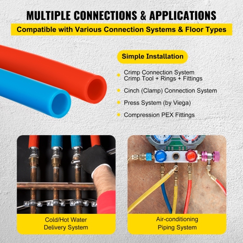VEVOR 100 Feet PEX Tubing Pipe 2 Rolls of 1/2 Inch PEX Tubing Non Oxygen Barrier Radiant Floor PEX Pipe Radiant Heat Floor Heating Plumbing Cold and