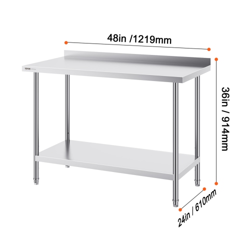 VEVOR 24 x 48 x 36 Inch Stainless Steel Work Table, Commercial Food Prep Worktable Heavy Duty Prep Worktable, Metal Work Table with Adjustable Height