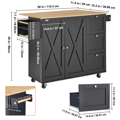 VEVOR 56" Kitchen Island Cart, Wood Top Mobile Carts with Storage Cabinet, Rolling Table with Drop Leaf, Spice Rack, Towel Bar, Adjustable Shelf,