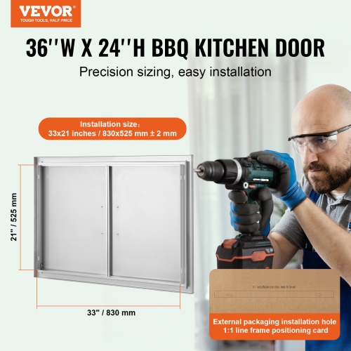 VEVOR 36W x 24H Inch BBQ Access Door, Double Outdoor Kitchen Door, Stainless Steel Flush Mount Door, Wall Vertical Door with Handles, for BBQ Island,