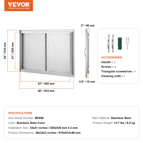 VEVOR 36W x 24H Inch BBQ Access Door, Double Outdoor Kitchen Door, Stainless Steel Flush Mount Door, Wall Vertical Door with Handles, for BBQ Island,