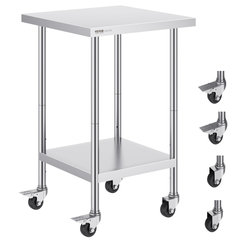 VEVOR  24 X 24 X 38 Inch Stainless Steel Work Table, \w 4 Wheels, 3 Adjustable Height Levels, Heavy Duty Food Prep Worktable for Commercial Kitchen