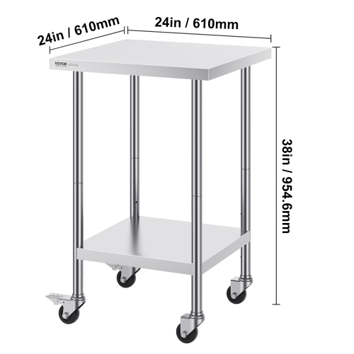 VEVOR 24 x 24 x 38 Inch Stainless Steel Work Table, with 4 Wheels, 3 Adjustable Height Levels, Heavy Duty Food Prep Worktable for Commercial Kitchen