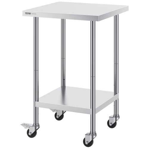 VEVOR 24 x 24 x 38 Inch Stainless Steel Work Table, with 4 Wheels, 3 Adjustable Height Levels, Heavy Duty Food Prep Worktable for Commercial Kitchen