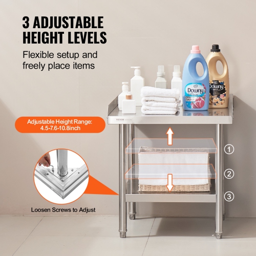 VEVOR 24 x 24 x 26 Inch Stainless Steel Work Table, Commercial Food Prep Worktable, 3-Sided Backsplash Heavy Duty Prep Worktable, Metal Work Table