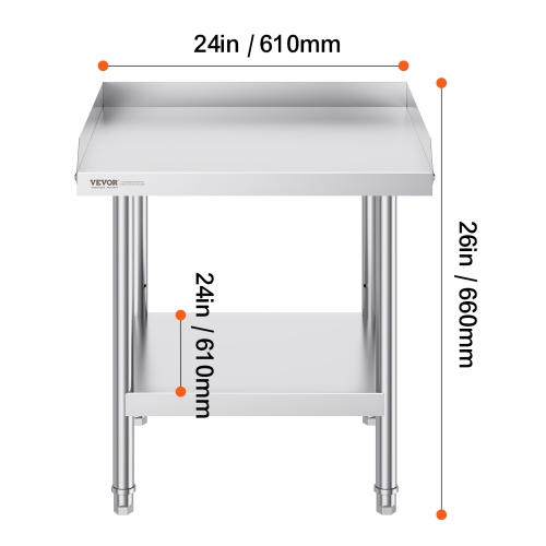 VEVOR 24 x 24 x 26 Inch Stainless Steel Work Table, Commercial Food Prep Worktable, 3-Sided Backsplash Heavy Duty Prep Worktable, Metal Work Table