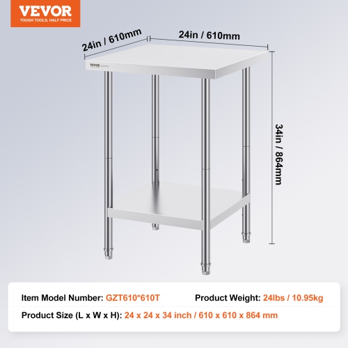 VEVOR 24 x 24 x 34 Inch Stainless Steel Prep Table, Heavy Duty Metal Worktable with 3 Adjustable Height Levels, Commercial Workstation for Kitchen