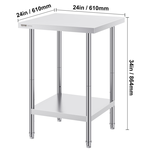 VEVOR 24 x 24 x 34 Inch Stainless Steel Prep Table, Heavy Duty Metal Worktable with 3 Adjustable Height Levels, Commercial Workstation for Kitchen
