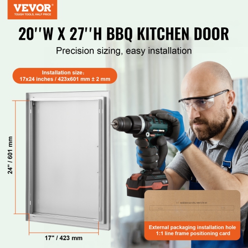 Porte d'accès pour barbecue VEVOR 20&nbsp;W x 27&nbsp;po, porte de cuisine extérieure simple, porte encastrée en acier inoxydable, porte verticale