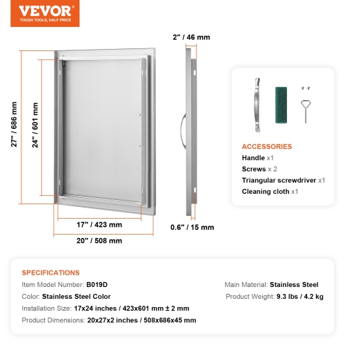 Porte d'accès pour barbecue VEVOR 20&nbsp;W x 27&nbsp;po, porte de cuisine extérieure simple, porte encastrée en acier inoxydable, porte verticale