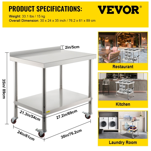 VEVOR 30 x 24 x 35 Inch Stainless Steel Prep Table, 440lbs Load Capacity Heavy Duty Metal Worktable with Backsplash Adjustable Undershelf & 4