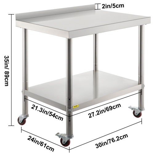 VEVOR 30 x 24 x 35 Inch Stainless Steel Prep Table, 440lbs Load Capacity Heavy Duty Metal Worktable with Backsplash Adjustable Undershelf & 4