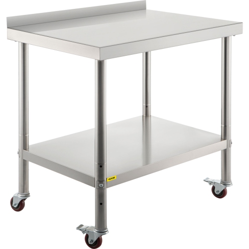 VEVOR 30 x 24 x 35 Inch Stainless Steel Prep Table, 440lbs Load Capacity Heavy Duty Metal Worktable with Backsplash Adjustable Undershelf & 4