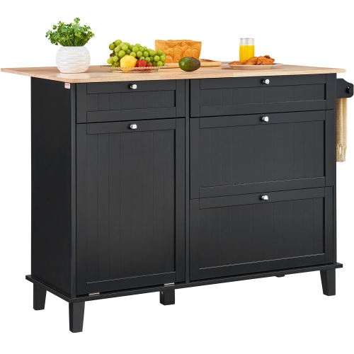 VEVOR 50" Kitchen Island Cart, Wood Top Breakfast Bar with Trash Cabinet Tilt Out 10 Gallon Storage, Farmhouse Dining Living Room Table with Drop
