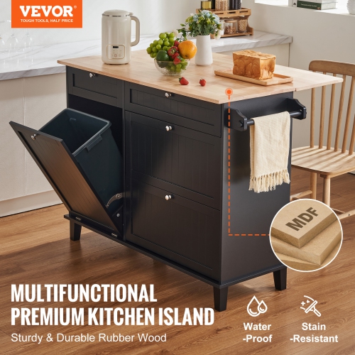 VEVOR 50" Kitchen Island Cart, Wood Top Breakfast Bar with Trash Cabinet Tilt Out 10 Gallon Storage, Farmhouse Dining Living Room Table with Drop
