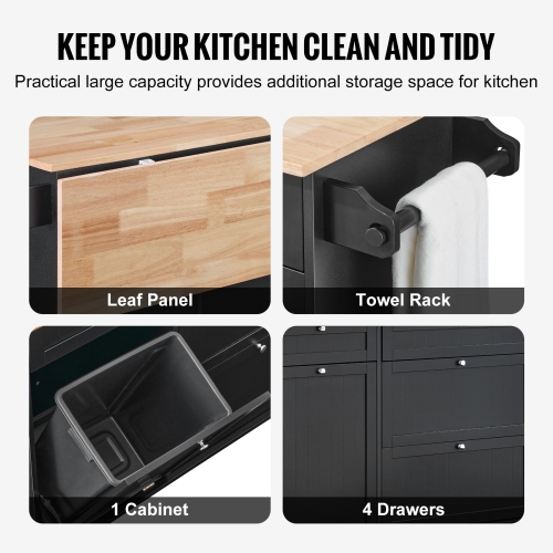 VEVOR 50" Kitchen Island Cart, Wood Top Breakfast Bar with Trash Cabinet Tilt Out 10 Gallon Storage, Farmhouse Dining Living Room Table with Drop