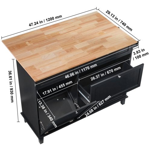 VEVOR 50" Kitchen Island Cart, Wood Top Breakfast Bar with Trash Cabinet Tilt Out 10 Gallon Storage, Farmhouse Dining Living Room Table with Drop