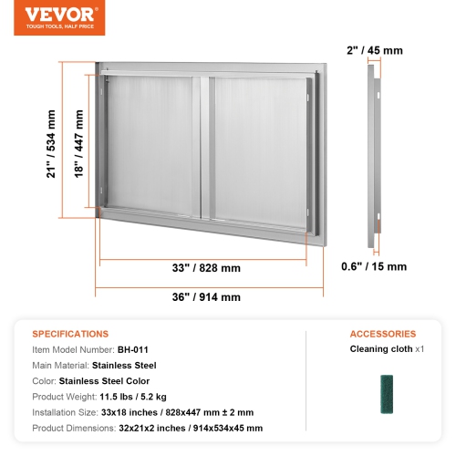 VEVOR 36W x 21H Inch BBQ Access Door, Double Outdoor Kitchen Door, Stainless Steel Flush Mount Door, Wall Vertical Door with Recessed Handles , for