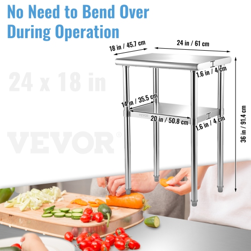 VEVOR 24 x 18 x 36 Inch Stainless Steel Prep Table, 600lbs Load Capacity Heavy Duty Metal Worktable with Adjustable Undershelf & Feet, Commercial