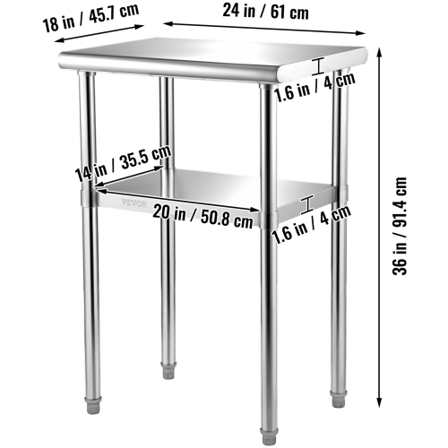 VEVOR 24 x 18 x 36 Inch Stainless Steel Prep Table, 600lbs Load Capacity Heavy Duty Metal Worktable with Adjustable Undershelf & Feet, Commercial