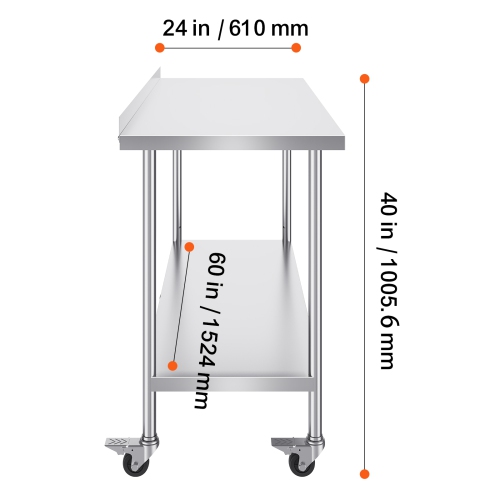 VEVOR 24 x 60 x 40 Inch Stainless Steel Work Table, Commercial Food Prep Worktable with Casters, Heavy Duty Prep Worktable, Metal Work Table with