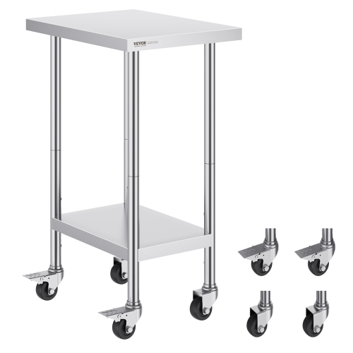 VEVOR 24 x 18 x 38 Inch Stainless Steel Work Table, with 4 Wheels, 3 Adjustable Height Levels, Heavy Duty Food Prep Worktable for Commercial Kitchen