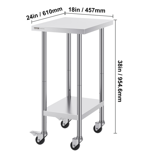 VEVOR 24 x 18 x 38 Inch Stainless Steel Work Table, with 4 Wheels, 3 Adjustable Height Levels, Heavy Duty Food Prep Worktable for Commercial Kitchen