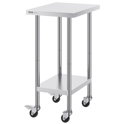 VEVOR 24 x 18 x 38 Inch Stainless Steel Work Table, with 4 Wheels, 3 Adjustable Height Levels, Heavy Duty Food Prep Worktable for Commercial Kitchen