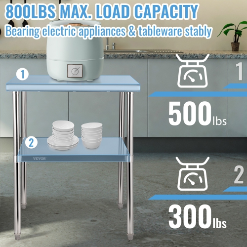 VEVOR 30 x 30 x 36 Inch Stainless Steel Prep Table, 800lbs Load Capacity Heavy Duty Metal Worktable with Adjustable Undershelf & Feet, Commercial