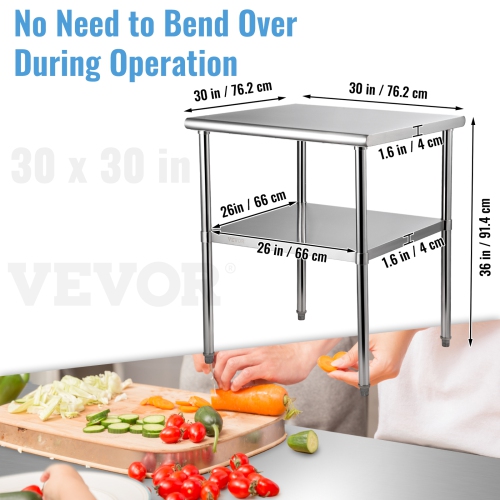 VEVOR 30 x 30 x 36 Inch Stainless Steel Prep Table, 800lbs Load Capacity Heavy Duty Metal Worktable with Adjustable Undershelf & Feet, Commercial