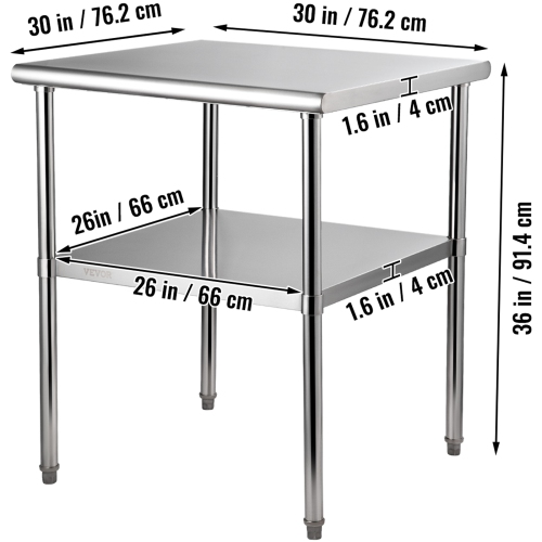 VEVOR 30 x 30 x 36 Inch Stainless Steel Prep Table, 800lbs Load Capacity Heavy Duty Metal Worktable with Adjustable Undershelf & Feet, Commercial