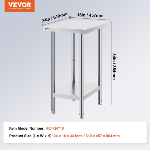 VEVOR 24 x 18 x 34 Inch Stainless Steel Prep Table, Heavy Duty Metal Worktable with 3 Adjustable Height Levels, Commercial Workstation for Kitchen