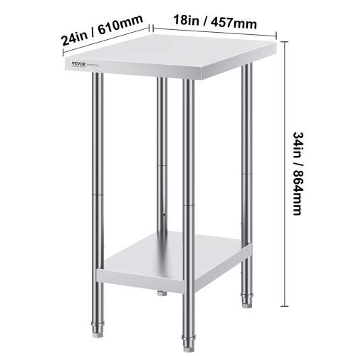VEVOR 24 x 18 x 34 Inch Stainless Steel Prep Table, Heavy Duty Metal Worktable with 3 Adjustable Height Levels, Commercial Workstation for Kitchen