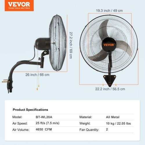 VEVOR 2 PCS Wall Mount Fan, 20 inch Oscillating, 3-speed High Velocity Max. 4000 CFM Industrial Wall Fan for Indoor, Commercial, Residential,