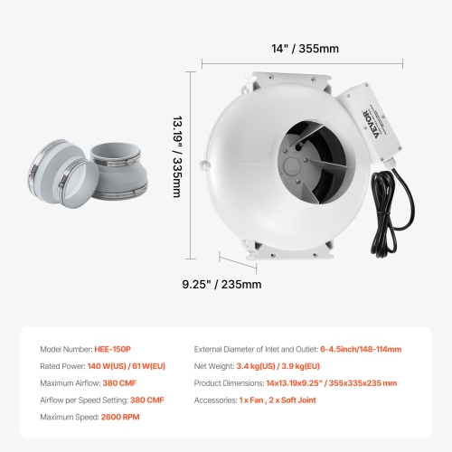 VEVOR 4 to 4.5 inch Radon Mitigation Fan System, Quiet 380 CFM Radon Mitigation Kit with 2 Couplers, Waterproof Radon Fan Electric Inline Duct Fan