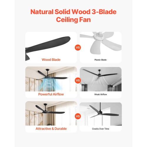 VEVOR 72 Inch Ceiling Fan without Light, 6-Speed Remote Control, 3-Wood-Blade, Reversible DC Motor, Modern Low Profile Flush Mount Exterior Fan for