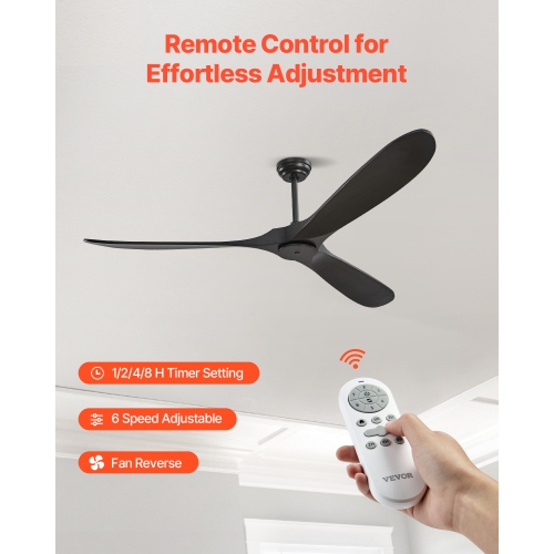 VEVOR 72 Inch Ceiling Fan without Light, 6-Speed Remote Control, 3-Wood-Blade, Reversible DC Motor, Modern Low Profile Flush Mount Exterior Fan for